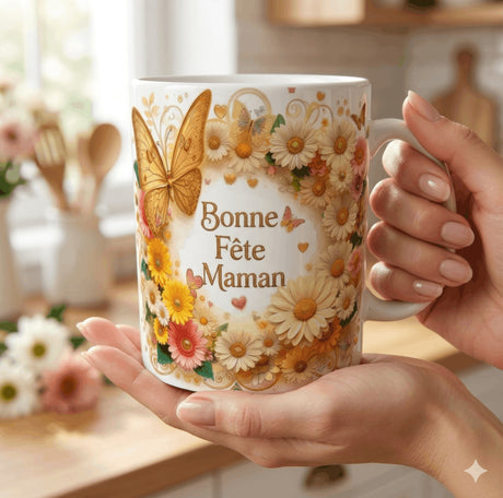 mug bonne fete maman tenu en main cadeau fete des meres