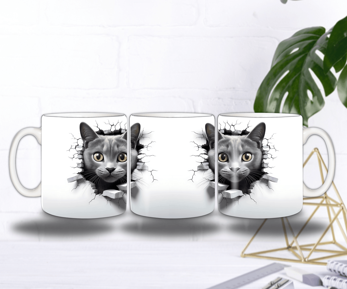 Mug Chaton Gris 3D – Le Chat qui Traverse le Mur