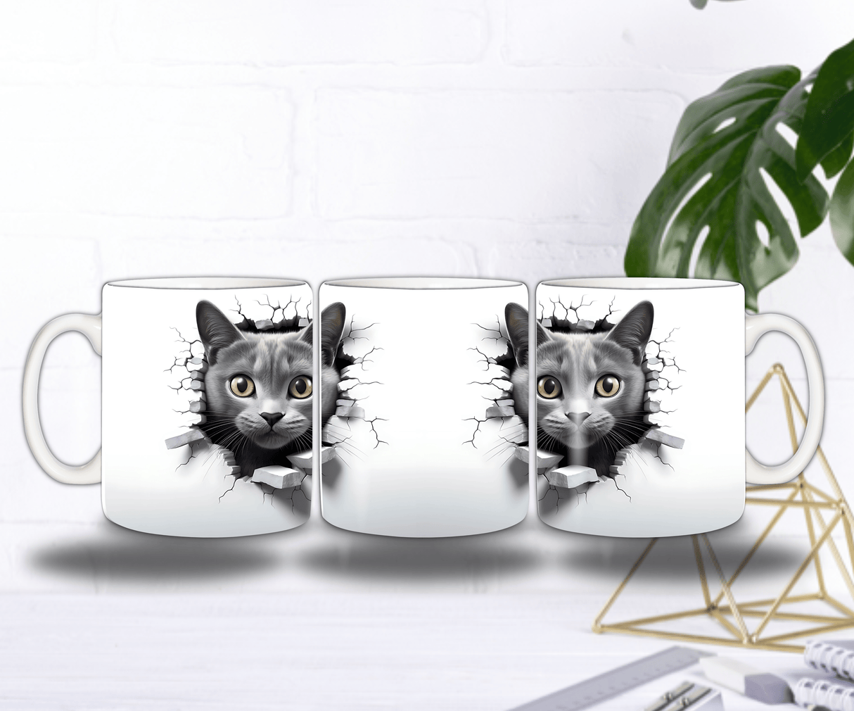 Mug Chaton Gris 3D – Le Chat qui Traverse le Mur