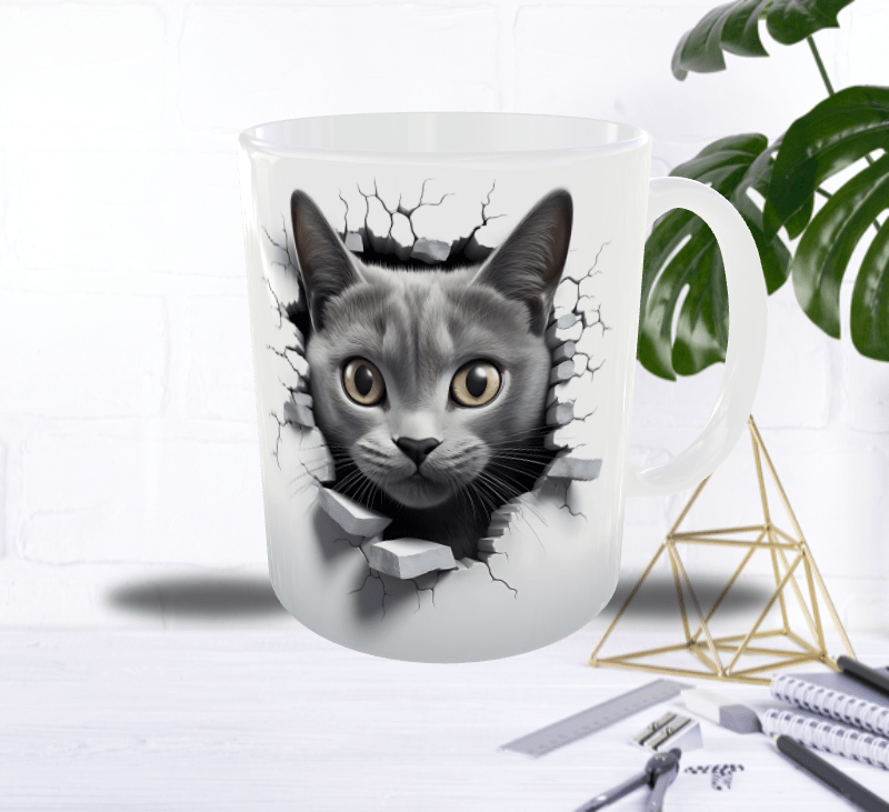 Mug Chaton Gris 3D – Le Chat qui Traverse le Mur