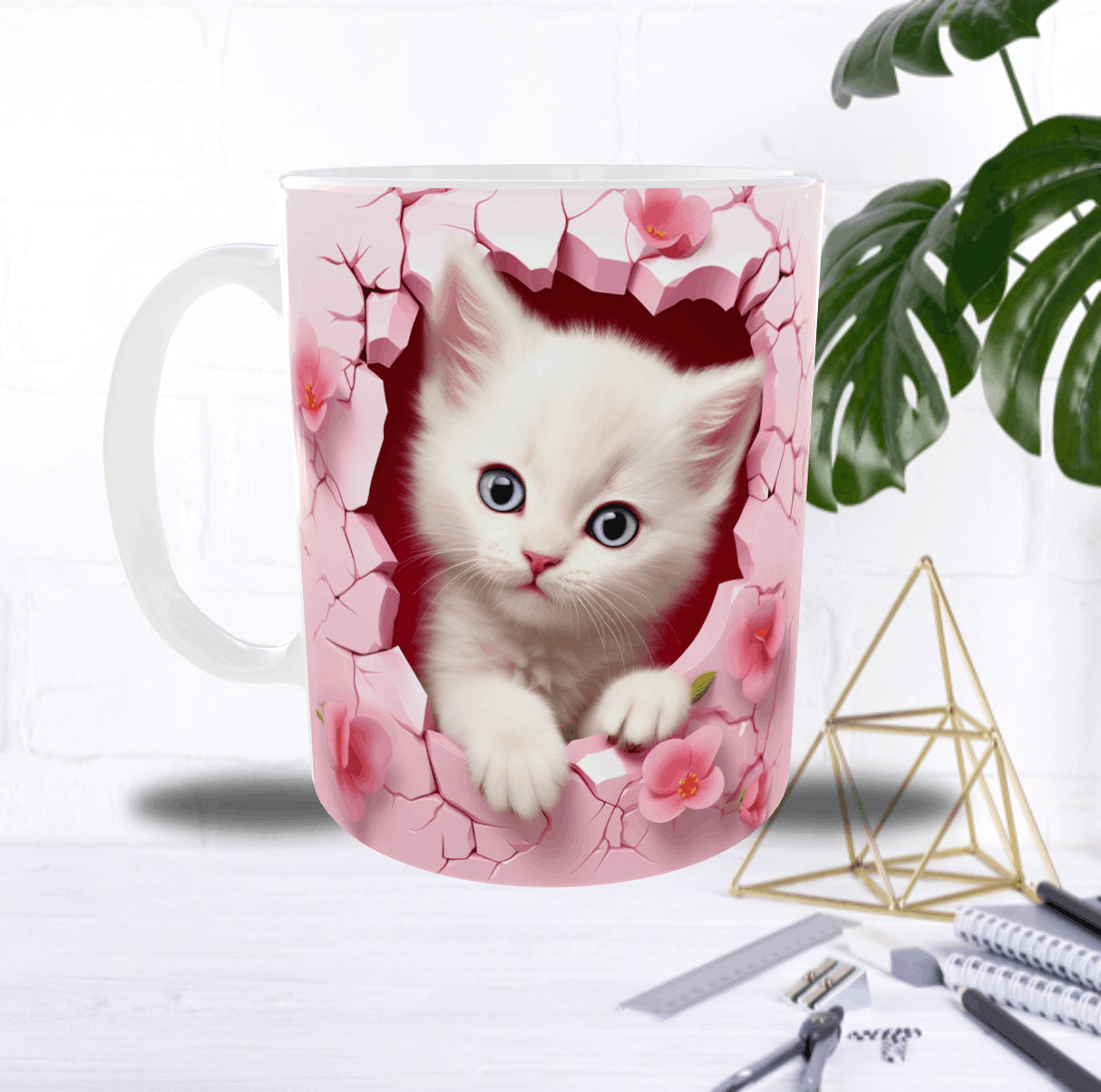 Mug “Chaton Mur Rose” – Effet 3D Craquelé & Fleurs – Céramique