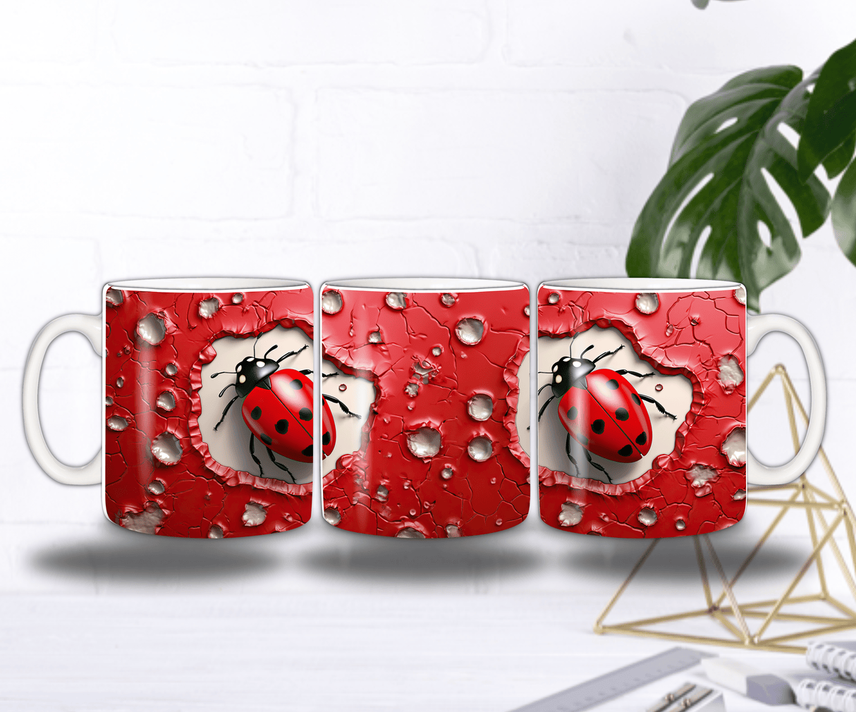 Mug Coccinelle Porte-Bonheur – Sublimation Rouge Effet Mur Éclaté (11oz)