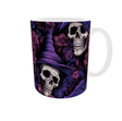 Mug Halloween crâne sorcière chapeau pointu violet et fleurs magenta, mug céramique blanc 11 oz, anse à droite