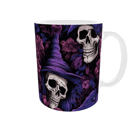 Mug Halloween crâne sorcière chapeau pointu violet et fleurs magenta, mug céramique blanc 11 oz, anse à droite
