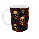 Mug crânes dorés et roses rouges sur fond noir, mug gothique en céramique 11 oz, anse à gauche sur fond blanc