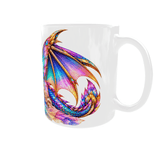 Mug dragon et fée vu côté anse droite : grandes ailes du dragon bleues, roses et dorées et queue à pointes