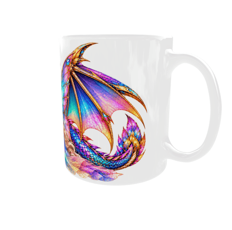 Mug dragon et fée vu côté anse droite : grandes ailes du dragon bleues, roses et dorées et queue à pointes