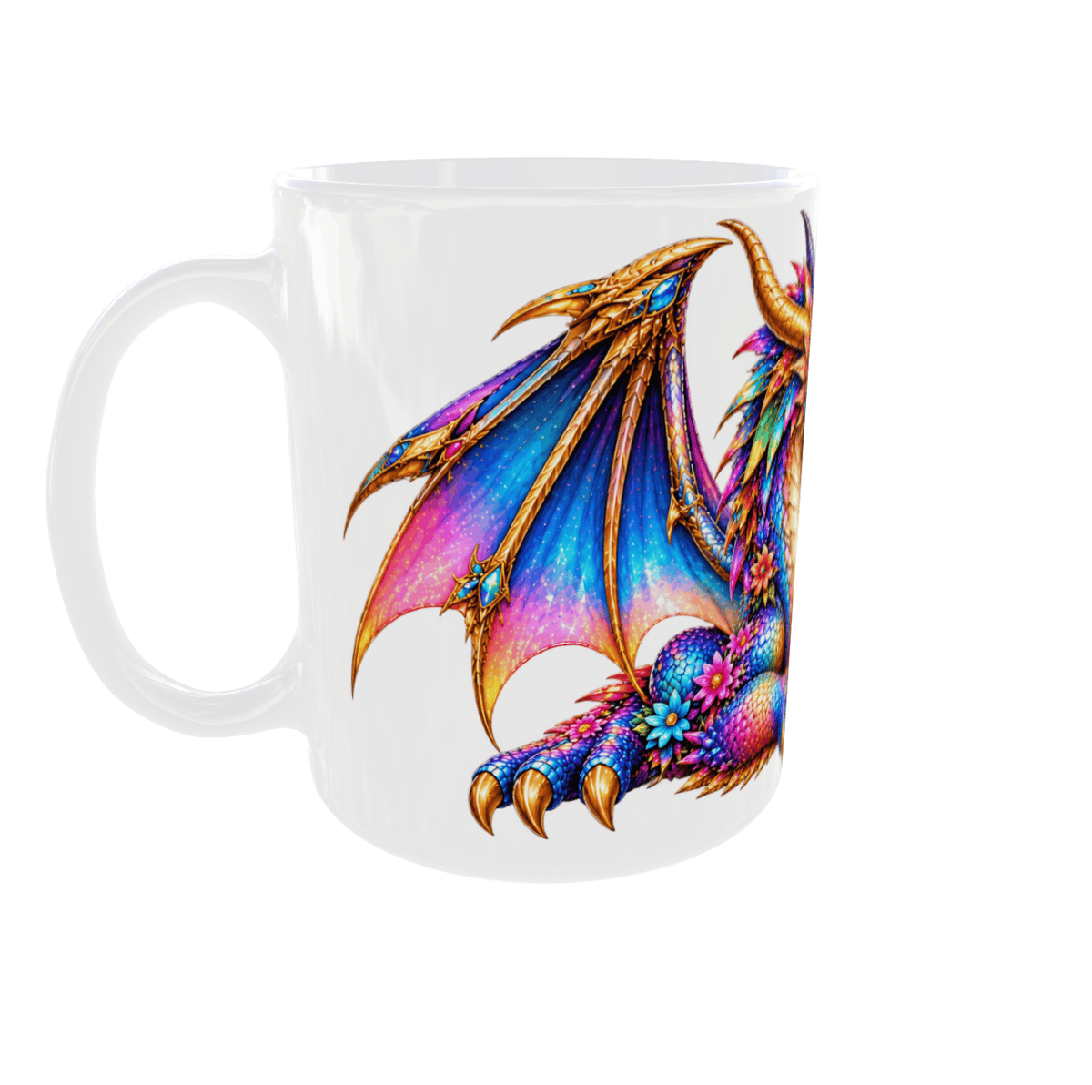 Mug dragon et fée vu côté anse gauche : ailes serties de pierres précieuses, pattes aux griffes dorées et fleurs sur les écailles