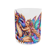 Vue de face du mug : fée aux ailes de papillon qui caresse le museau d’un dragon aux écailles arc-en-ciel et aux cornes dorées