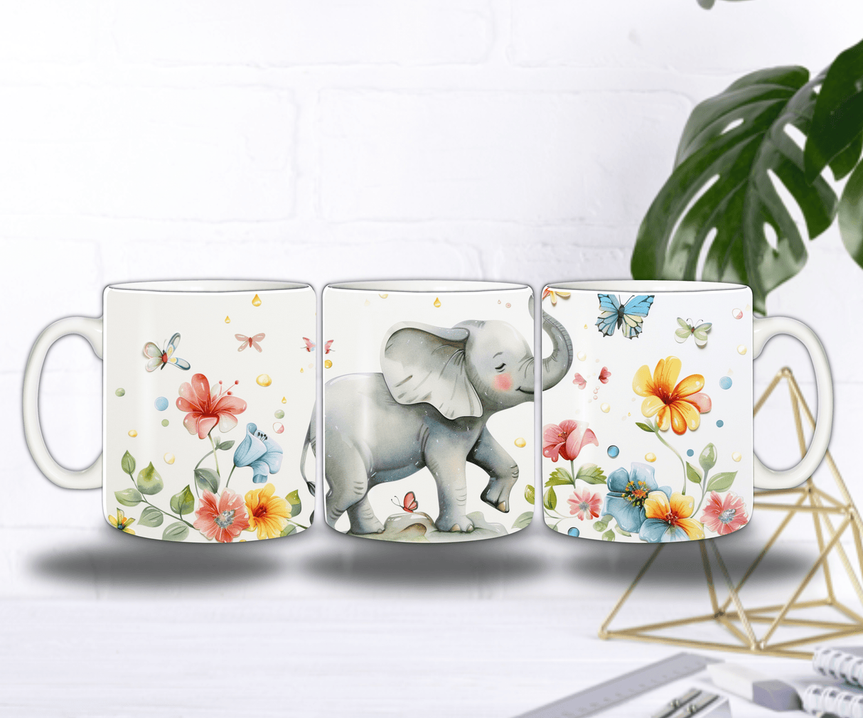 Mug Éléphanteau Joyeux – Petit Éléphant Gambadant parmi Fleurs et Papillons