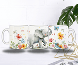 Mug Éléphanteau Joyeux – Petit Éléphant Gambadant parmi Fleurs et Papillons