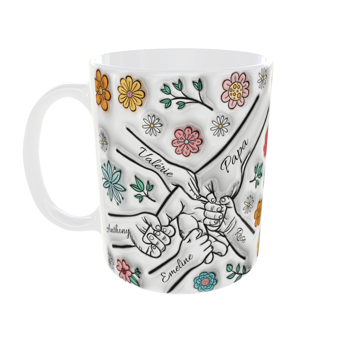 mug famille personnalise 5 mains prenoms enfants vue anse gauche