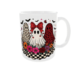 Mug fantôme coquette nœud rouge et cerises entre deux fantômes léopard, fleurs et damier, anse à droite