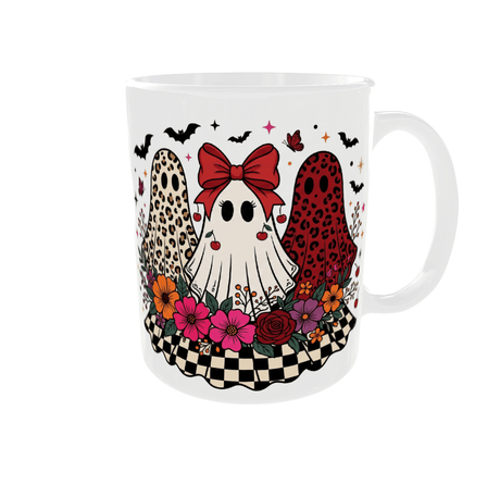 Mug fantôme coquette nœud rouge et cerises entre deux fantômes léopard, fleurs et damier, anse à droite