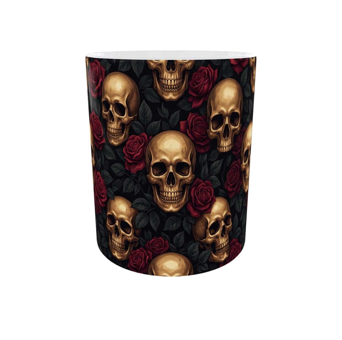 Mug gothique crânes et roses vu de face, motif imprimé sur tout le tour de la céramique, intérieur blanc