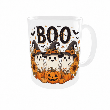 Mug Halloween BOO fantômes citrouilles tournesols, vue droite