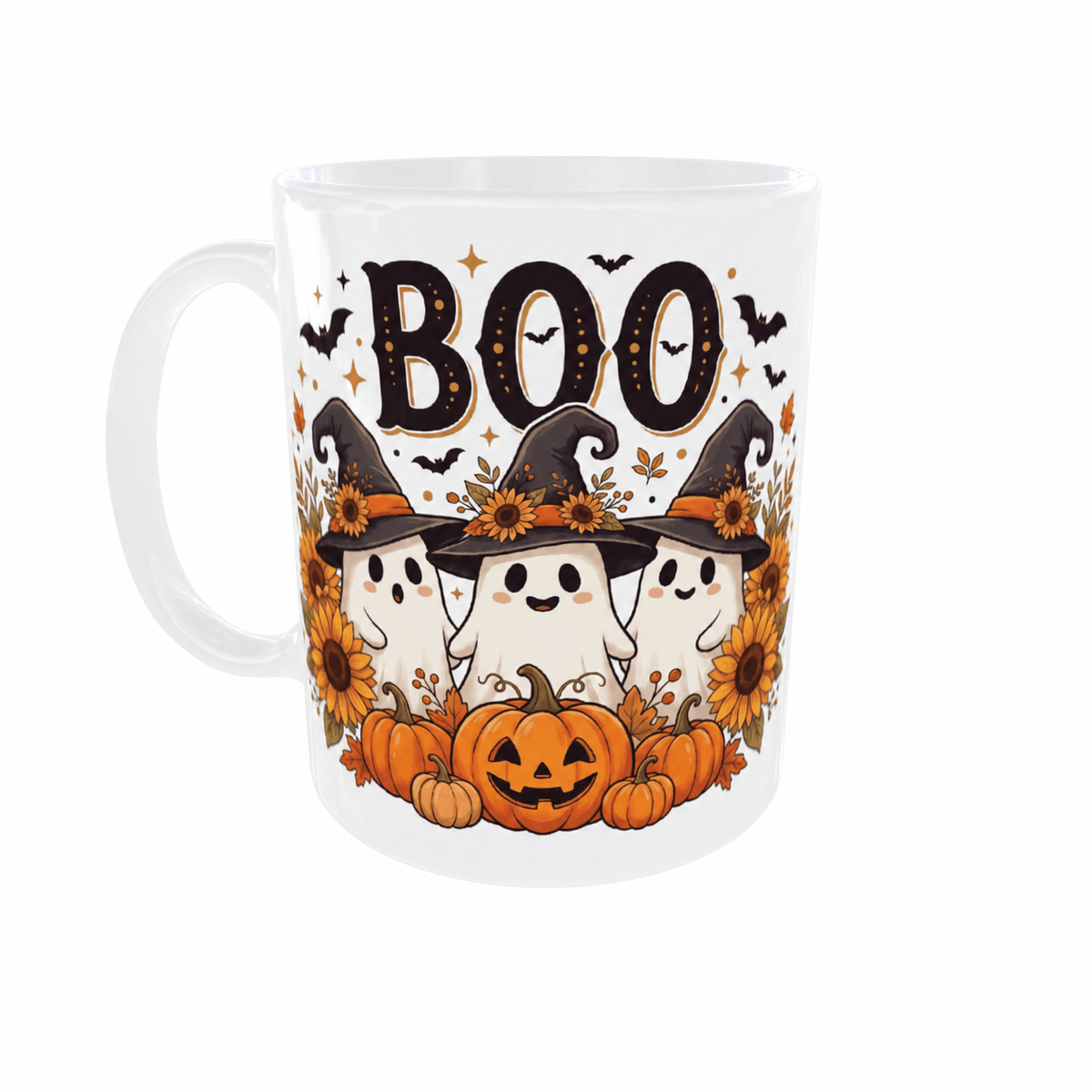 Mug Halloween BOO fantômes kawaii citrouilles tournesols, vue gauche
