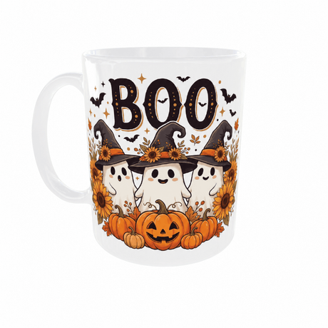 Mug Halloween BOO fantômes kawaii citrouilles tournesols, vue gauche