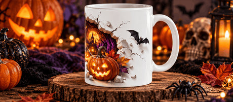 Mug Halloween chat noir sorcière posé sur une rondelle de bois, entouré de citrouilles, d’un crâne et d’une lanterne