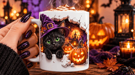 Main tenant le mug Halloween chat noir sorcière rempli de chocolat chaud et de chantilly