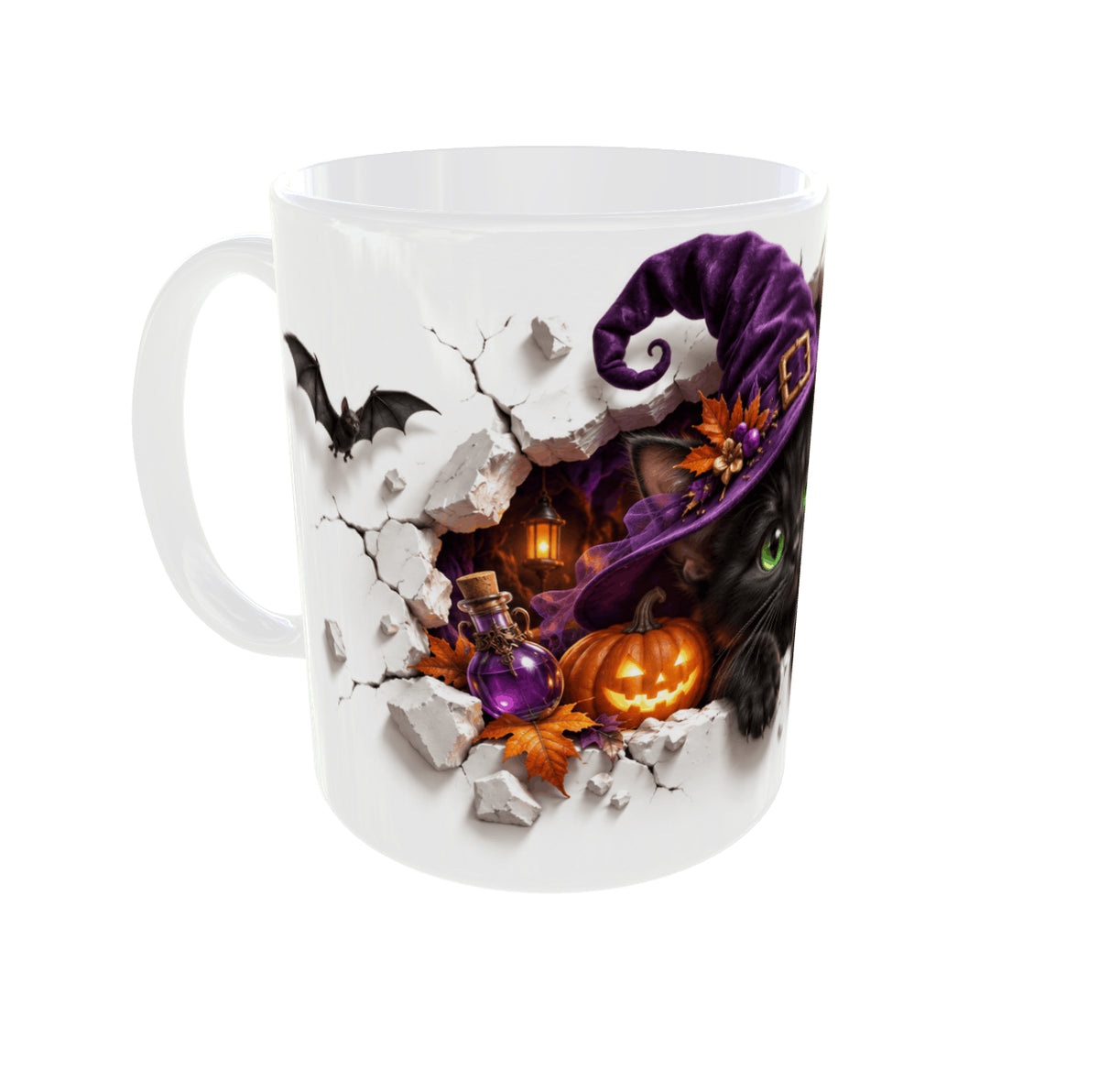 Mug Halloween chat noir sorcière, vue anse à gauche : chapeau violet, mur fissuré 3D, citrouille et fiole de potion