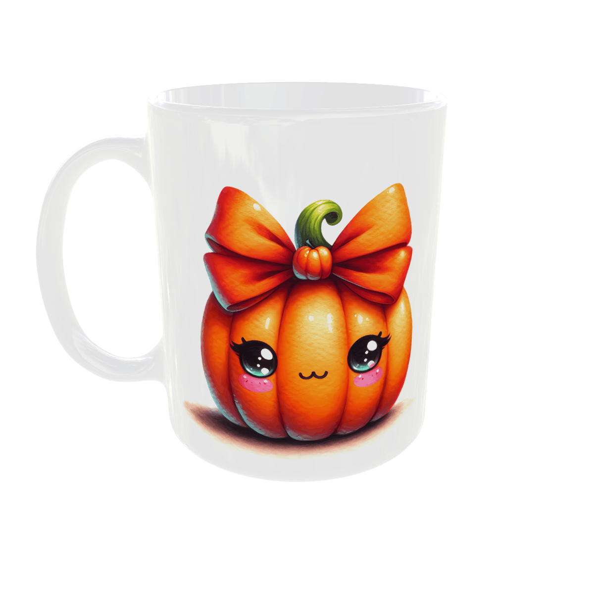 Mug Halloween citrouille kawaii avec nœud orange, mug céramique blanc 11 oz, anse à gauche sur fond blanc