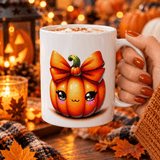 Main tenant le mug citrouille kawaii rempli de chocolat chaud, ambiance cosy d'automne et d'Halloween aux bougies