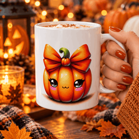 Main tenant le mug citrouille kawaii rempli de chocolat chaud, ambiance cosy d'automne et d'Halloween aux bougies