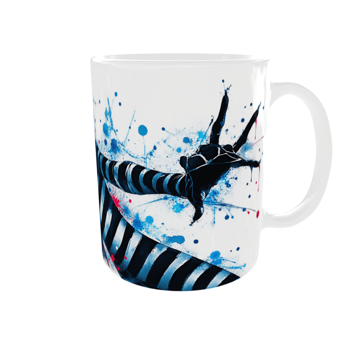 Mug Halloween gothique vu côté anse droite : bras rayé et main noire tendue du clown sombre dans l’aquarelle bleue