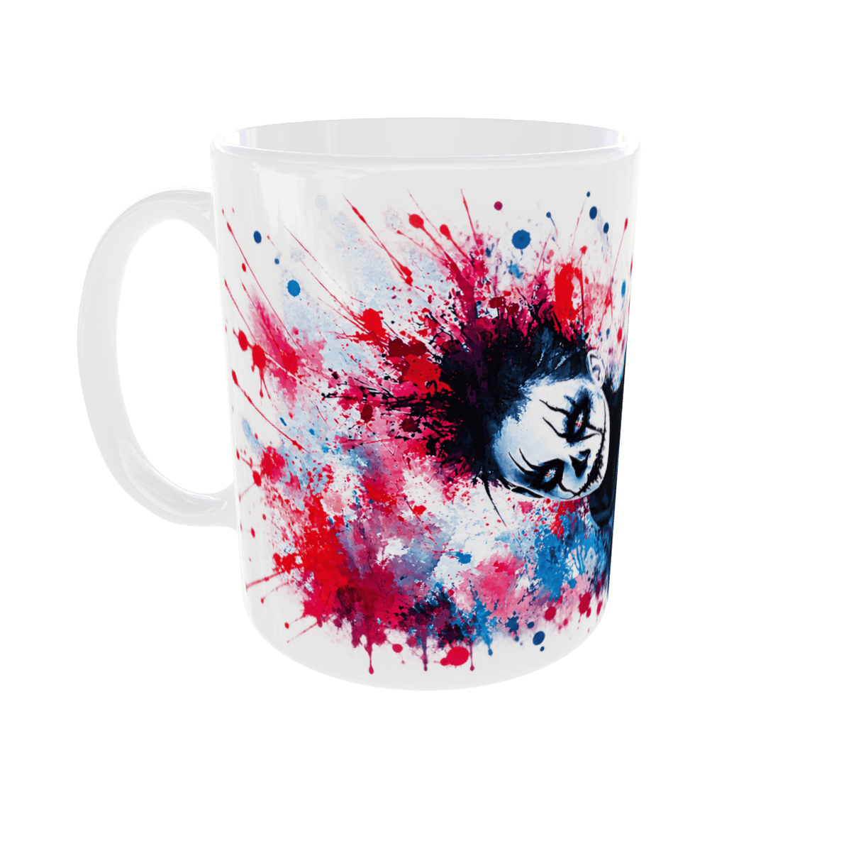 Mug Halloween clown sombre vu côté anse gauche, éclaboussures d’aquarelle rouges, bleues et noires sur céramique blanche