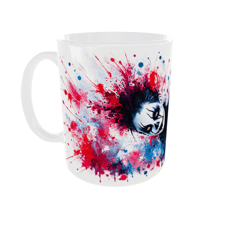 Mug Halloween clown sombre vu côté anse gauche, éclaboussures d’aquarelle rouges, bleues et noires sur céramique blanche
