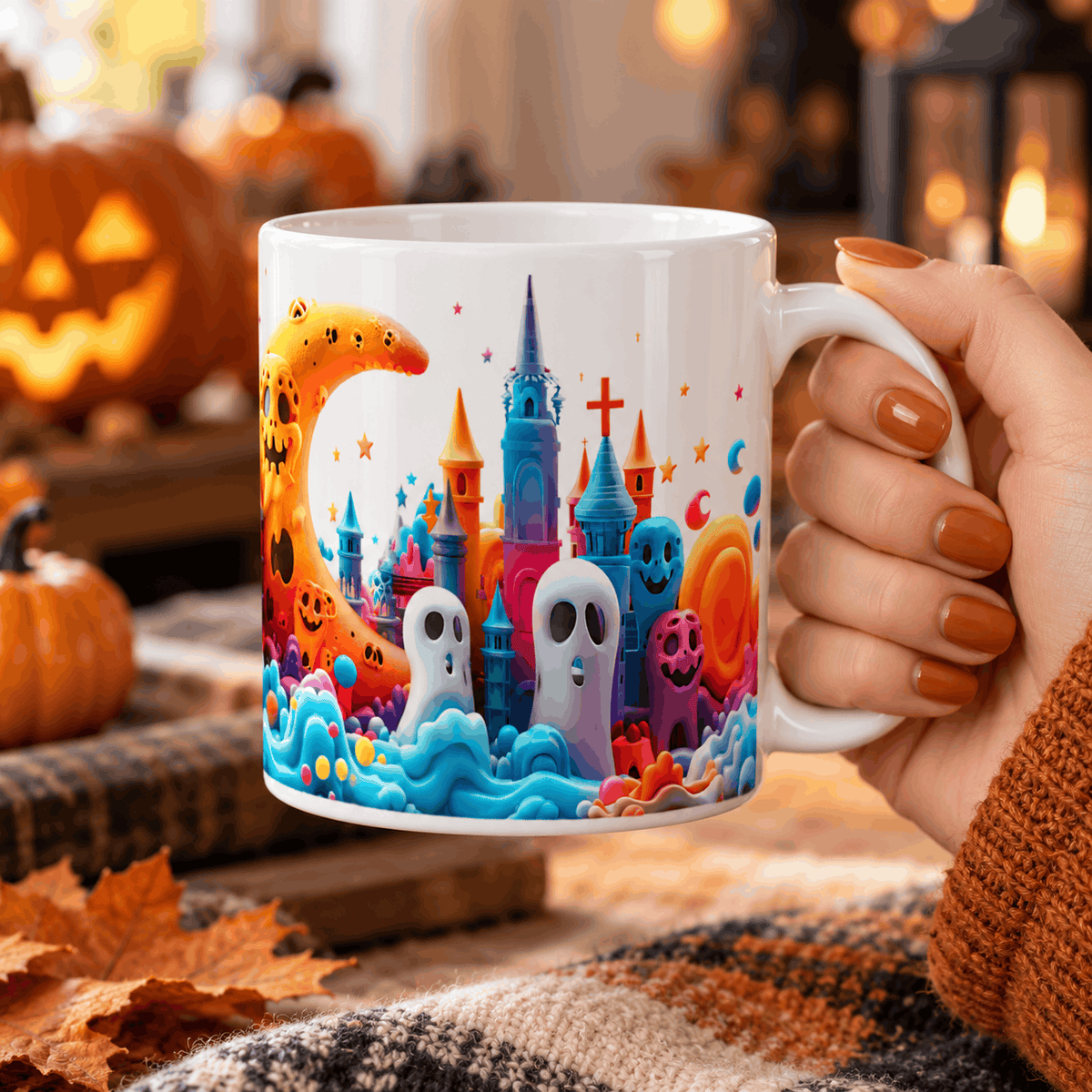 Mug Halloween fantômes et château coloré effet 3D tenu en main devant des citrouilles, feuilles d’automne et plaid