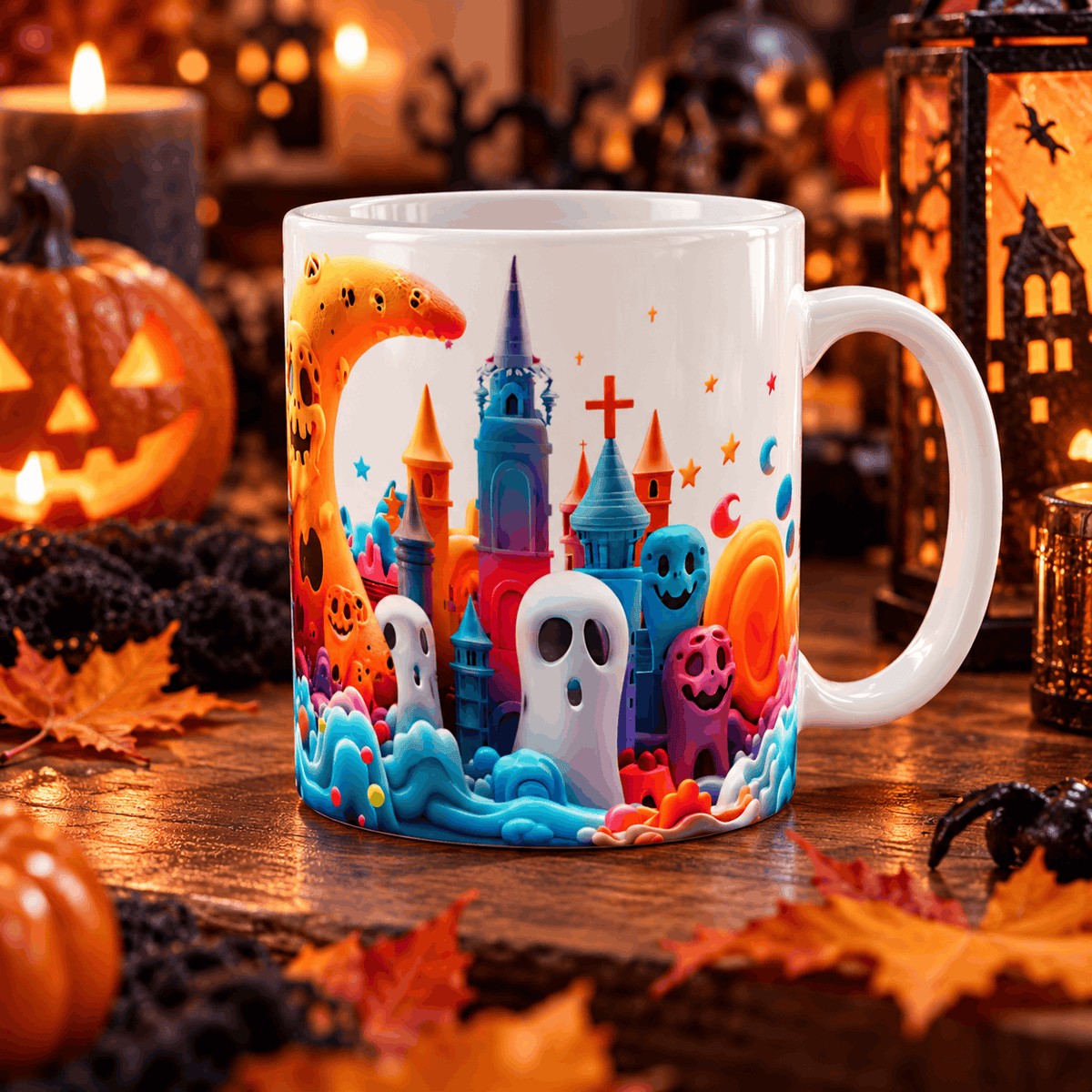 Mug Halloween village hanté coloré effet 3D posé sur une table en bois avec citrouilles, bougies et lanterne