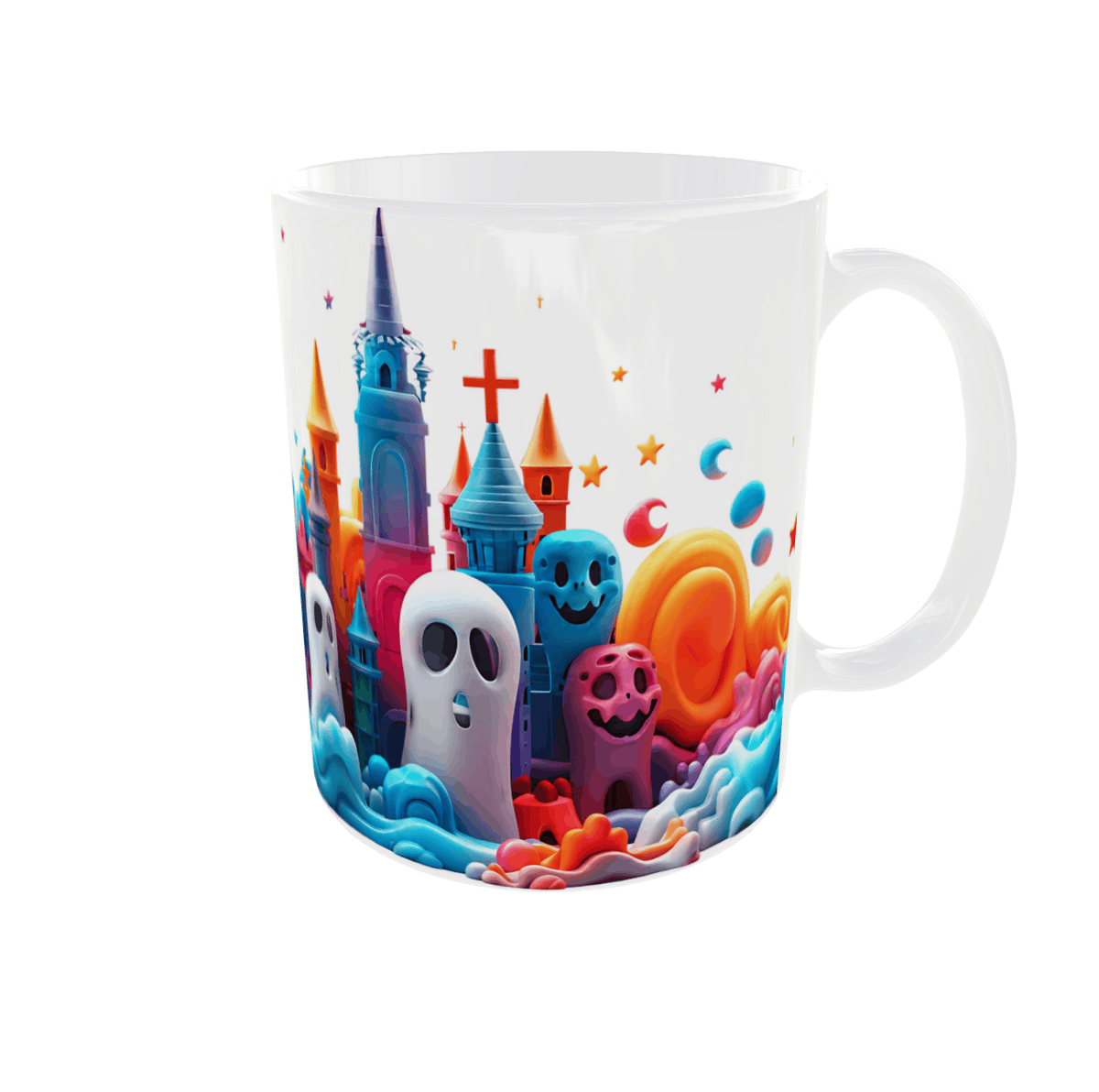 Mug Halloween vu côté anse droite : château bleu, fantômes souriants, créatures roses et vagues turquoise en 3D