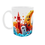 Mug Halloween vu côté anse gauche : tour rouge, fantômes blancs et grande lune orange aux visages de citrouille