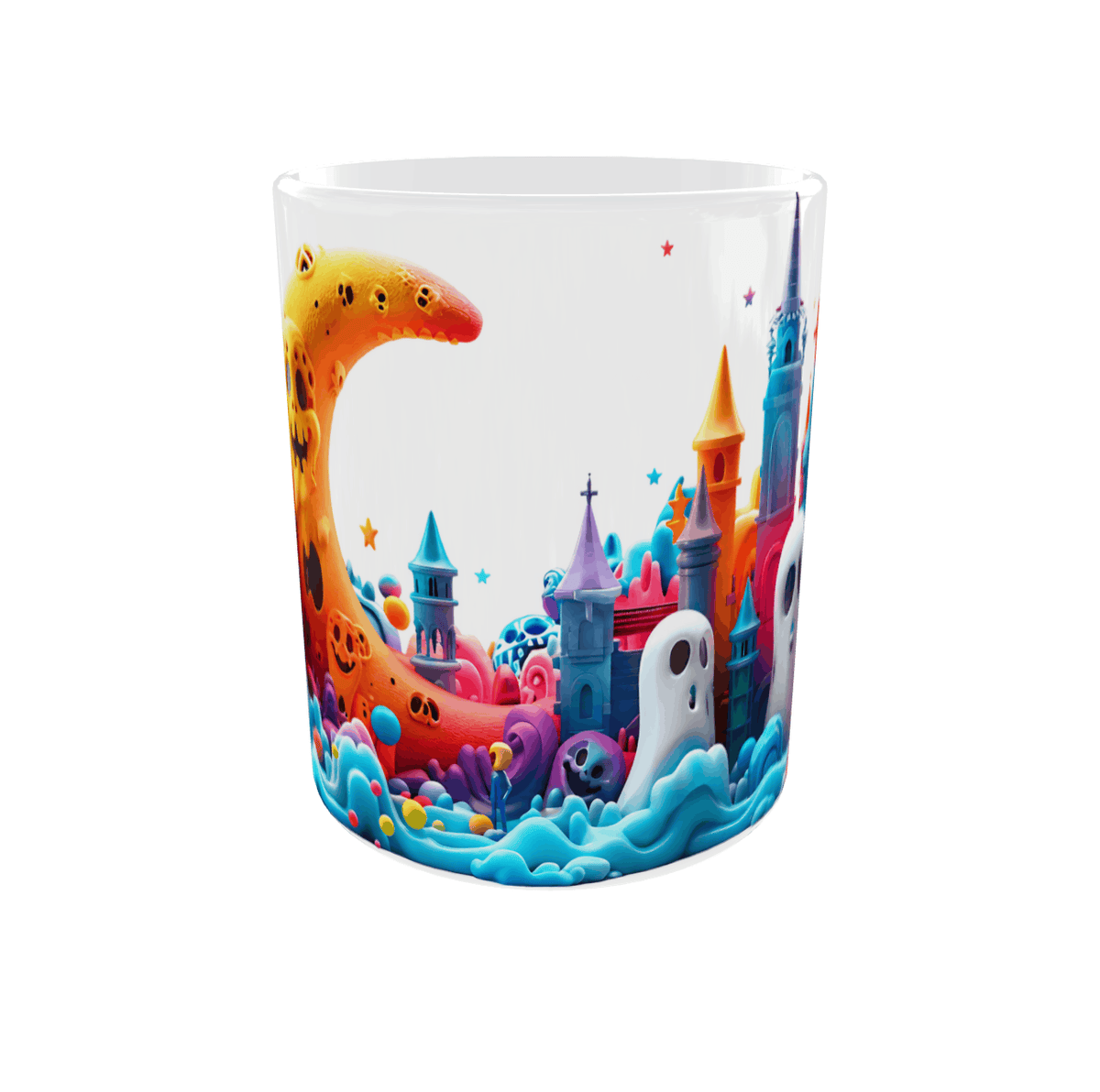 Vue arrière du mug Halloween coloré : lune orange, tours pointues, fantômes et vagues turquoise sur fond blanc
