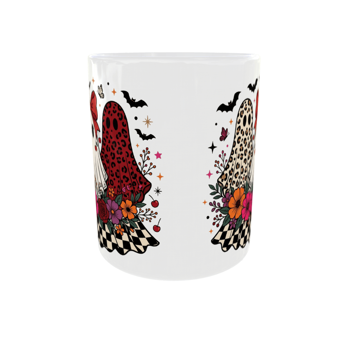 Mug Halloween fantômes léopard vu de face, design imprimé des deux côtés de la céramique blanche