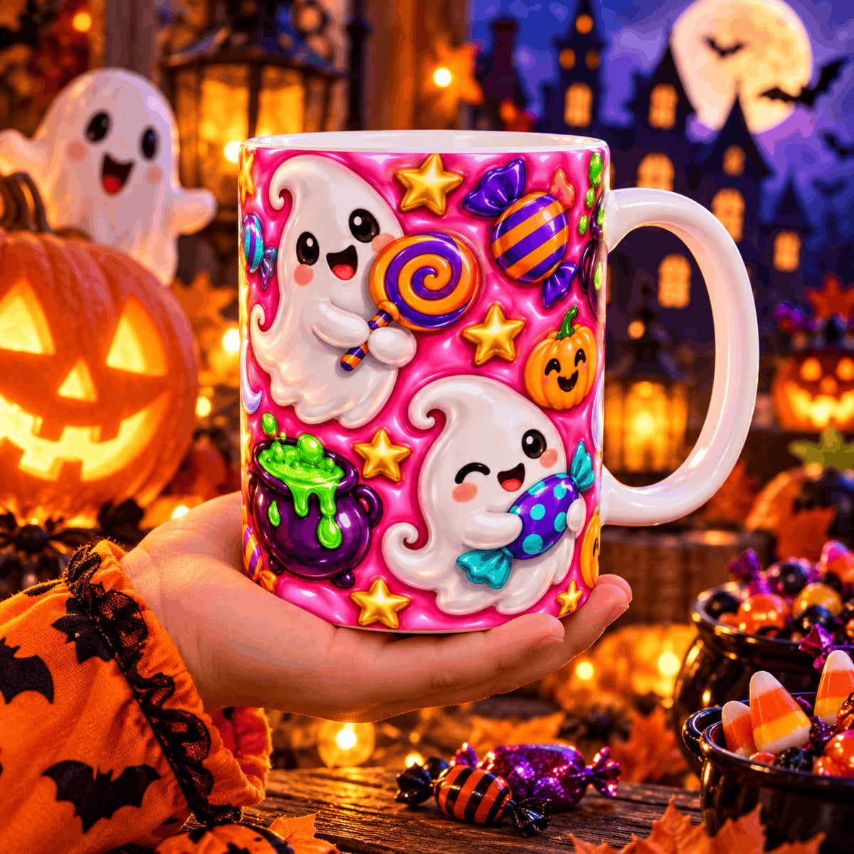 Main tenant le mug Halloween kawaii aux fantômes et bonbons, devant des citrouilles illuminées et un bol de bonbons