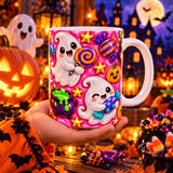 Main tenant le mug Halloween kawaii aux fantômes et bonbons, devant des citrouilles illuminées et un bol de bonbons