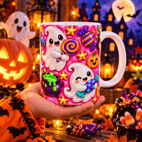 Main tenant le mug Halloween kawaii aux fantômes et bonbons, devant des citrouilles illuminées et un bol de bonbons