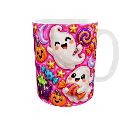 Mug Halloween kawaii vue anse à droite : fantômes à la sucette et au bonbon, citrouilles souriantes, lunes et chaudron sur fond rose