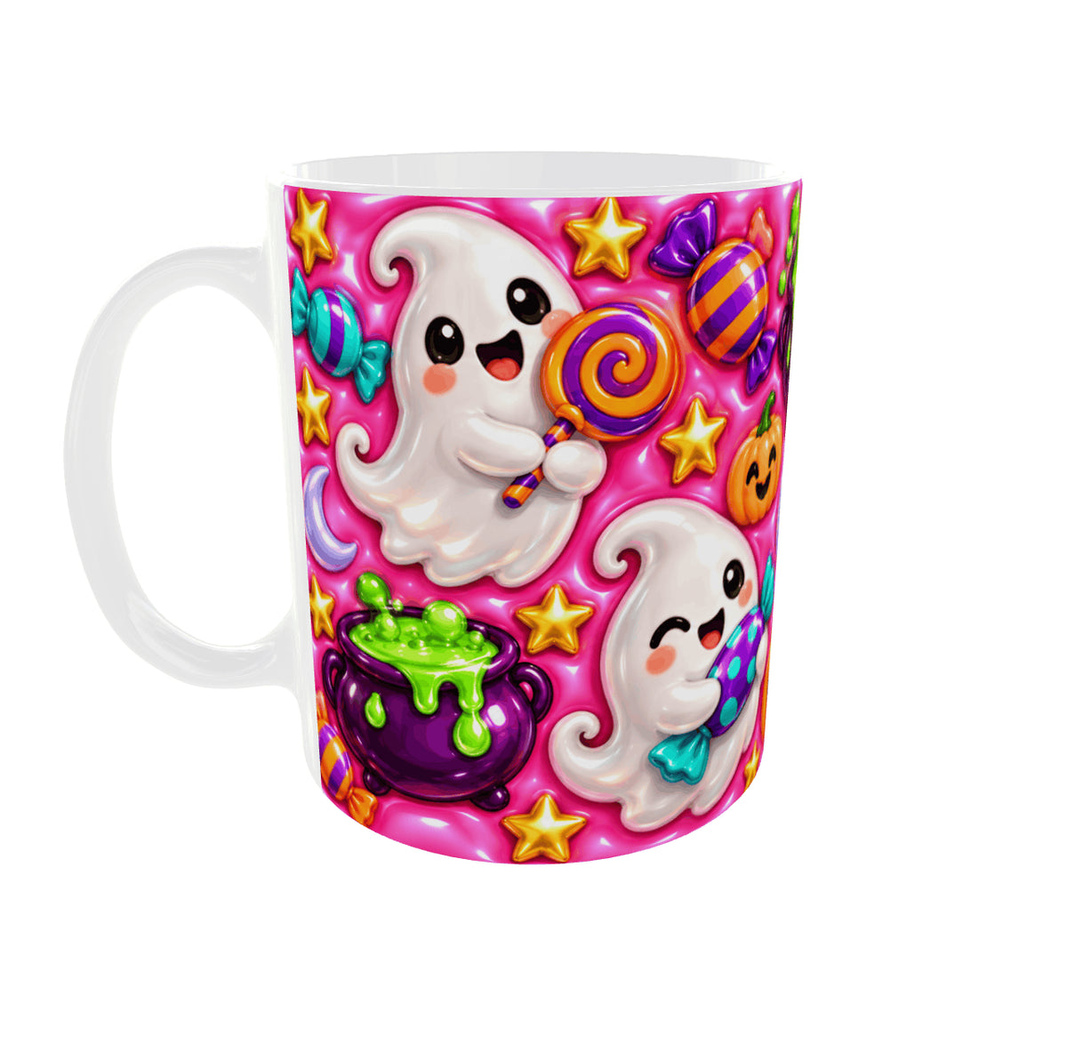 Mug Halloween kawaii vue anse à gauche : fantômes rieurs avec sucette et bonbon, chaudron de potion verte et étoiles dorées sur fond rose