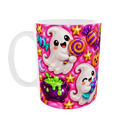 Mug Halloween kawaii vue anse à gauche : fantômes rieurs avec sucette et bonbon, chaudron de potion verte et étoiles dorées sur fond rose