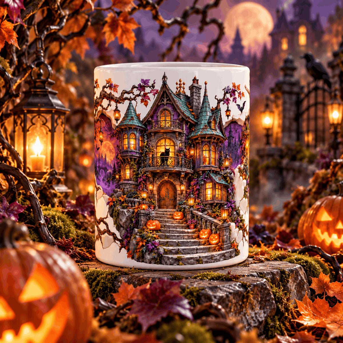 Mug Halloween maison de sorcière posé sur une pierre moussue, entouré de citrouilles, de feuilles d’automne et de lanternes