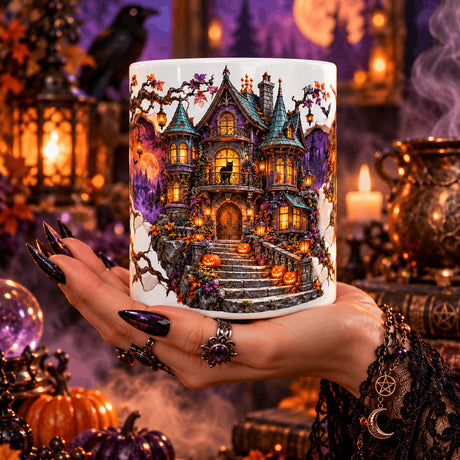 Main aux ongles violets tenant le mug Halloween maison de sorcière, entouré de lanternes, d’un chaudron et de livres de magie