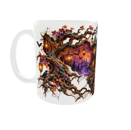 Mug Halloween, vue anse à gauche : vieil arbre aux lanternes, corbeau et chauves-souris sous une lune orange sur mur fissuré 3D