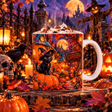 Mug Halloween Personnalisé Prénom – Chat Noir Sorcière, Village de Citrouilles et Pleine Lune 11 oz – photo 3