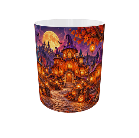 Mug Halloween Personnalisé Prénom – Chat Noir Sorcière, Village de Citrouilles et Pleine Lune 11 oz – vue de face