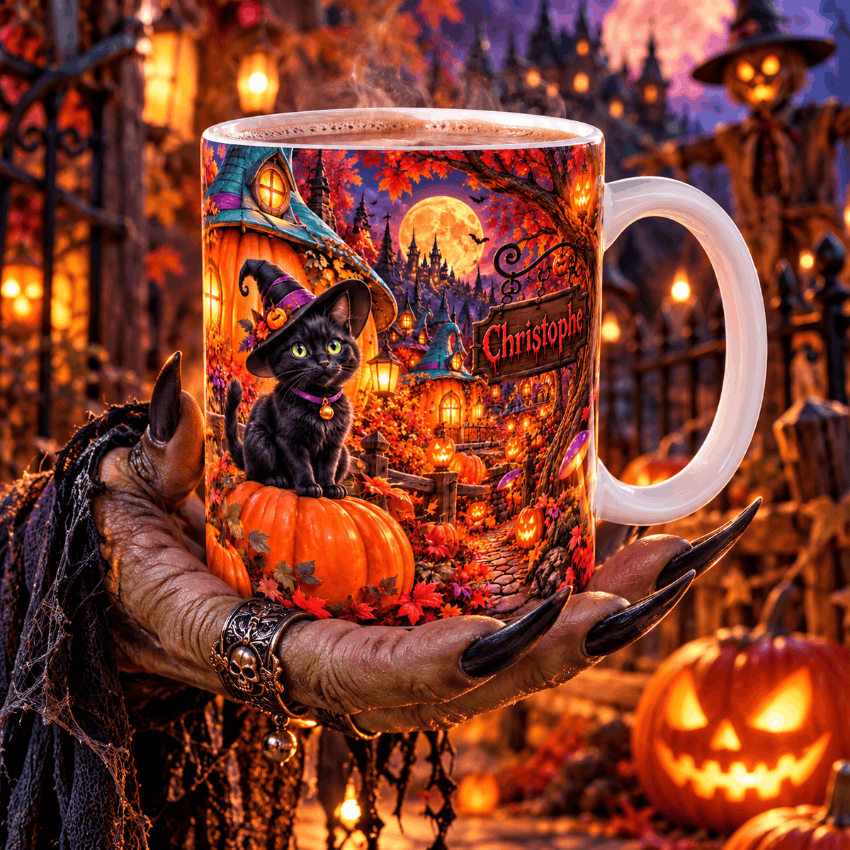 Mug Halloween Personnalisé Prénom – Chat Noir Sorcière, Village de Citrouilles et Pleine Lune 11 oz – photo 2