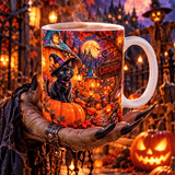 Mug Halloween Personnalisé Prénom – Chat Noir Sorcière, Village de Citrouilles et Pleine Lune 11 oz – photo 2